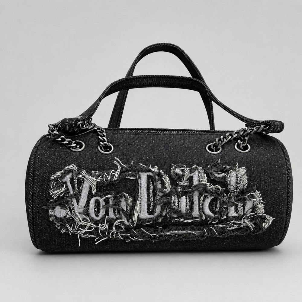 Von Dutch Viral Long Barrel Bag Black Distressed Denim Y2K Indie Sleaze NWT
